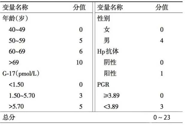 胃癌风险因素评分表