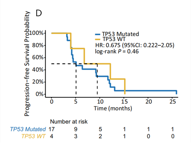 图1. A&B不同ROS1融合伴侣类型对克唑替尼治疗疗效影响不同，且耐药机制不同；C&D TP53突变影响克唑替尼治疗疗效，但对洛拉替尼影响不显著
