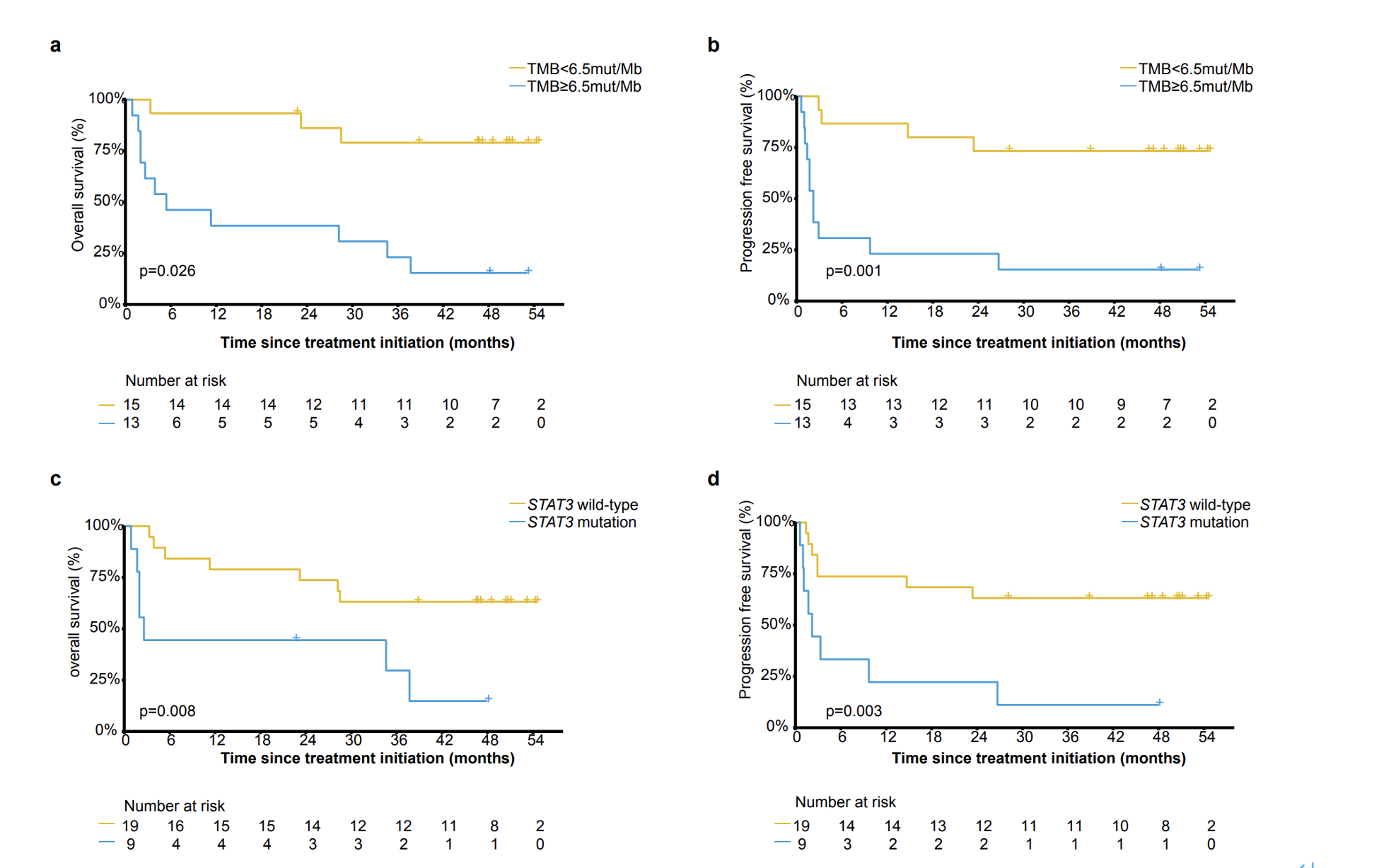 图3. 基线ctDNA TMB，STAT3基因变异与OS、PFS预后的关系